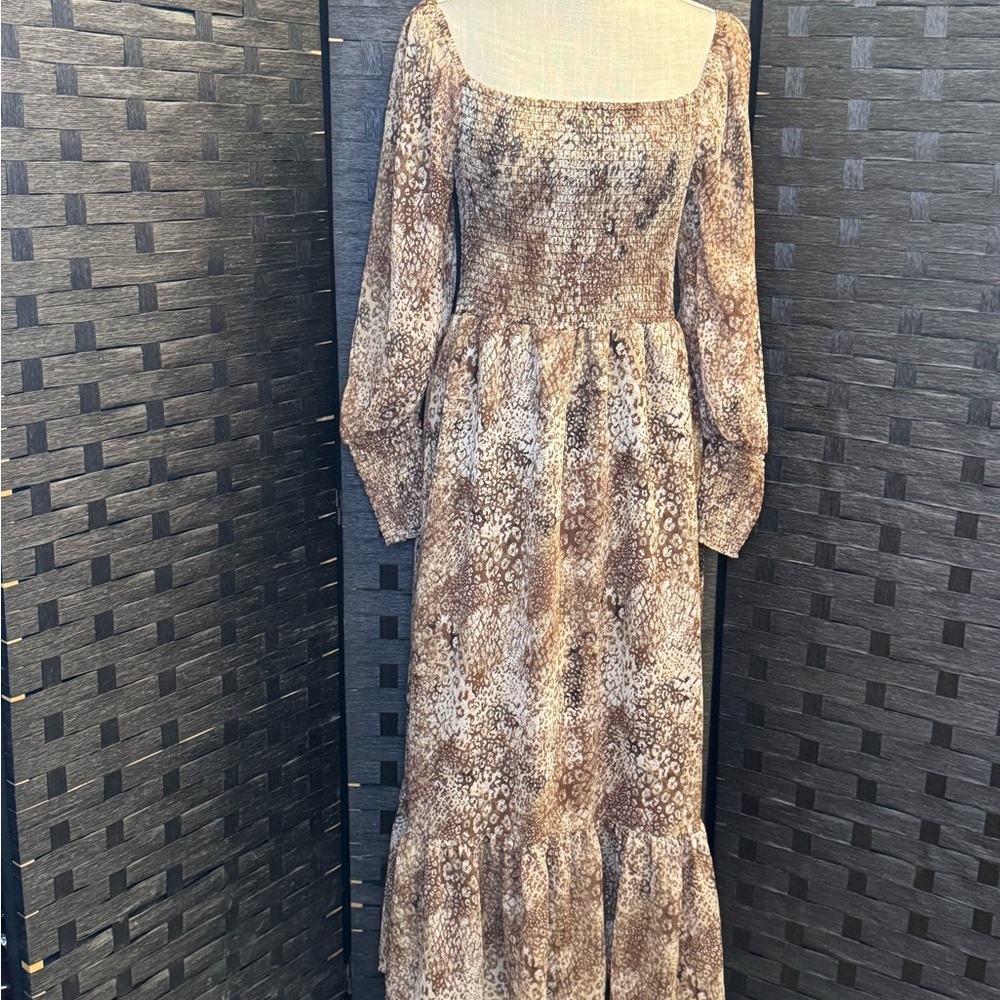 Betsey Johnson Brown Animal Print Smocked Midi Long Sleeve Dress